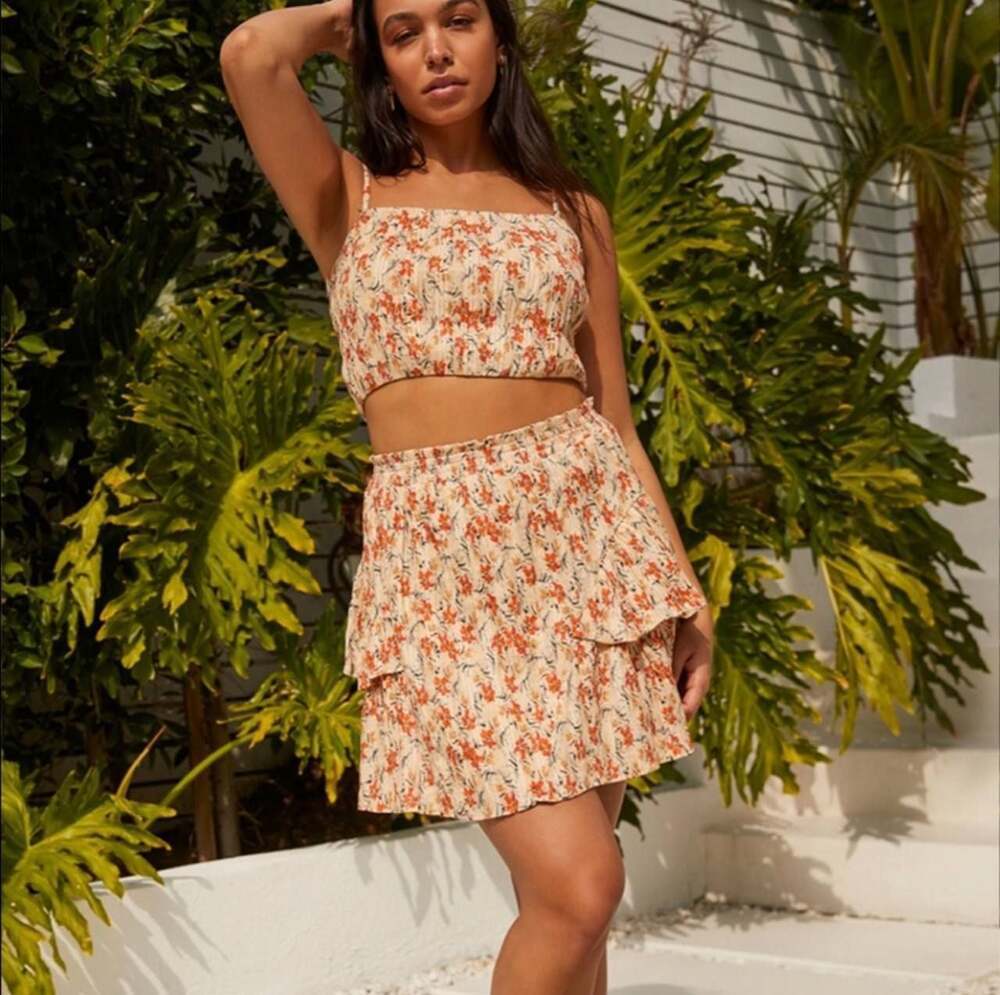 MINKPINK Orange Floral Smocked Crop Top and skirt two-piece set - Picture 1 of 15